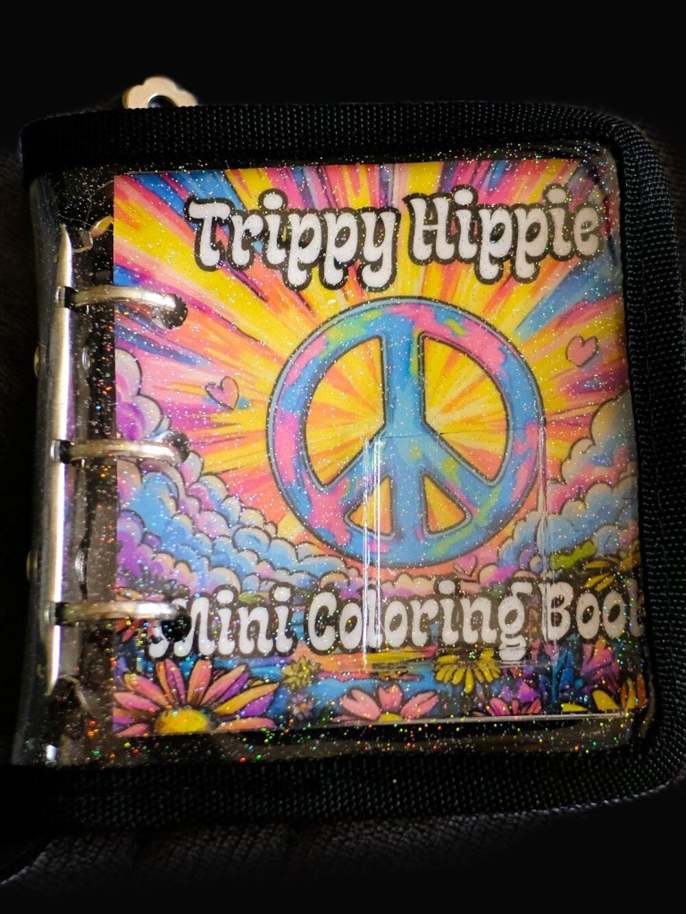 Mini Coloring Book & Pencil Set, Trippy Hippie, Handmade, binder cover, zipper